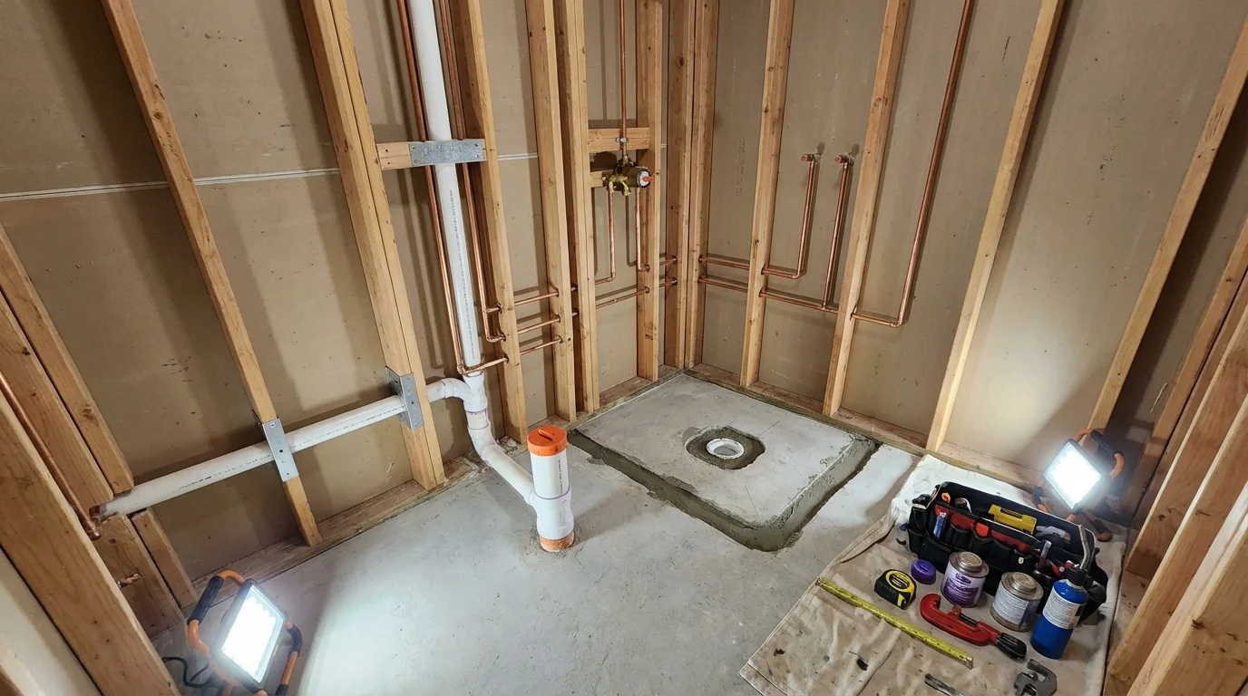 Bathroom rough-in plumbing during remodel by Johns Plumbing LLC in White River