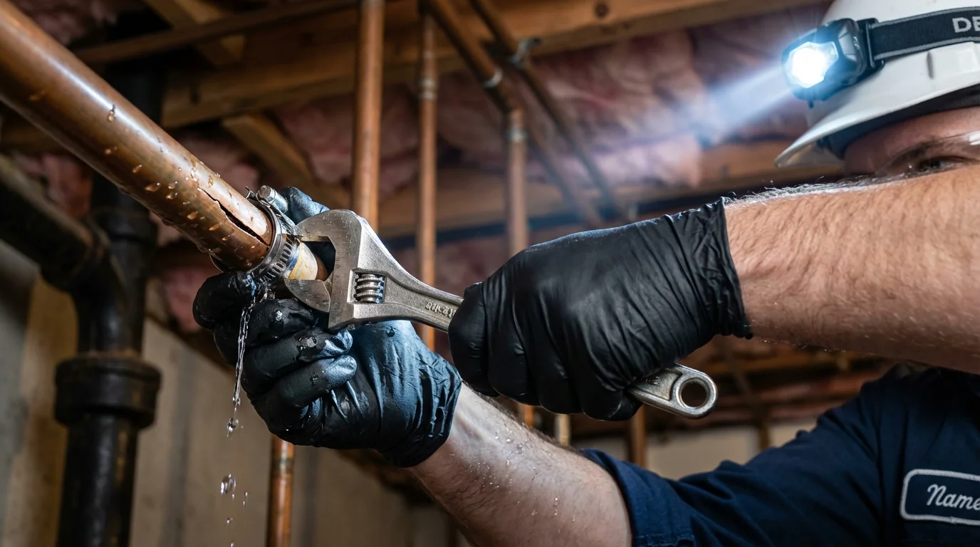Emergency pipe clamp repair being performed by a Johns Plumbing LLC plumber in White River