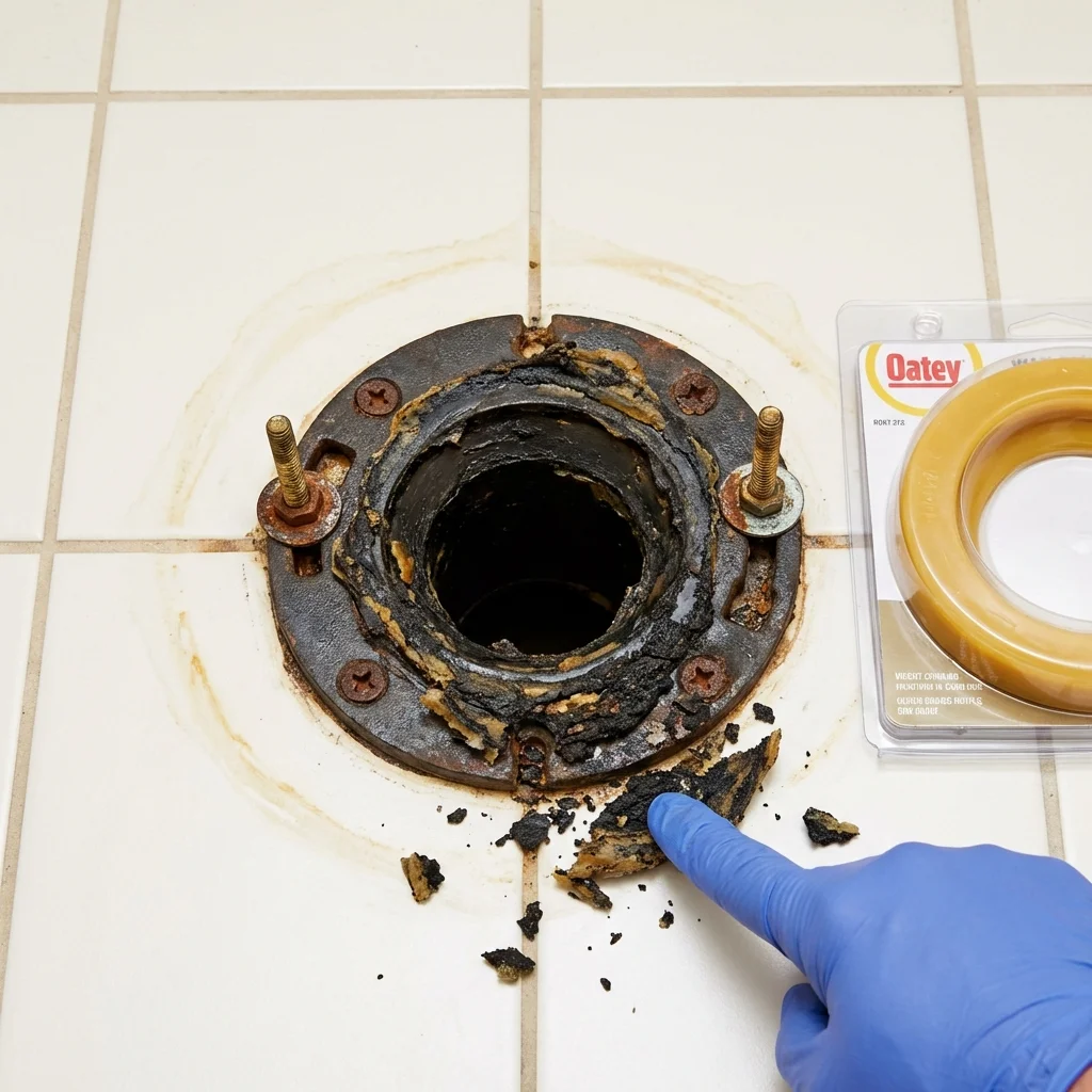Failed wax ring showing water seepage at the base of a toilet in a White River, SD home
